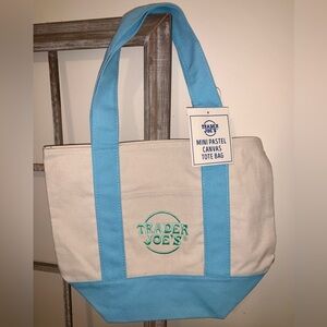 NWT Trader Joe’s Mini Canvas Tote Bag Pastel Blue w Pastel Green Embroider Logo